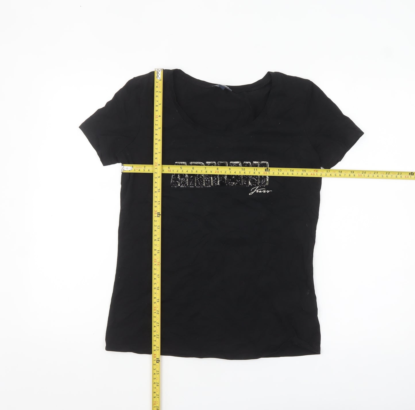 Armani Jeans Women's Black Sequin Logo Slim Fit T-Shirt Size 14