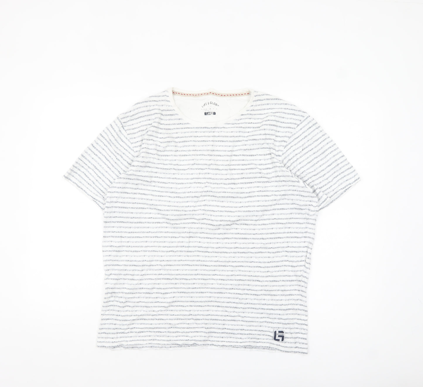 Life & Glory Men's White Striped Cotton Crew Neck T-Shirt - Size L
