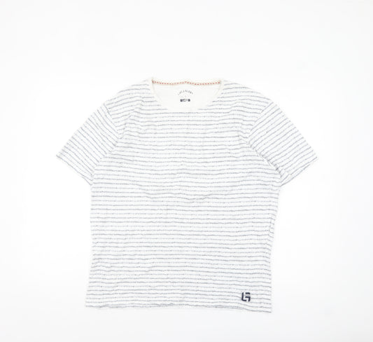 Life & Glory Men's White Striped Cotton Crew Neck T-Shirt - Size L