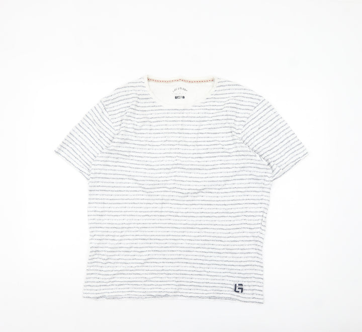 Life & Glory Men's White Striped Cotton Crew Neck T-Shirt - Size L
