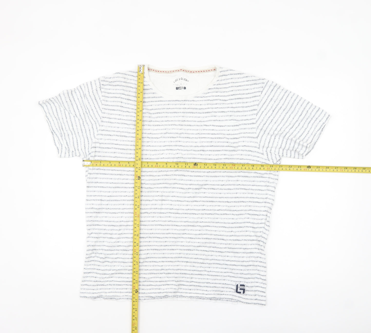 Life & Glory Men's White Striped Cotton Crew Neck T-Shirt - Size L