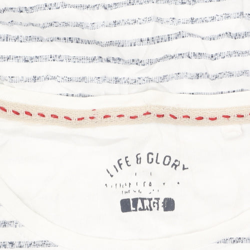 Life & Glory Men's White Striped Cotton Crew Neck T-Shirt - Size L