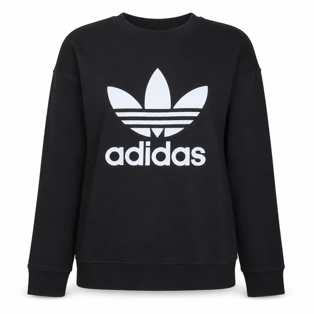Front view of Adidas women’s black crew neck pullover sweatshirt, size XL