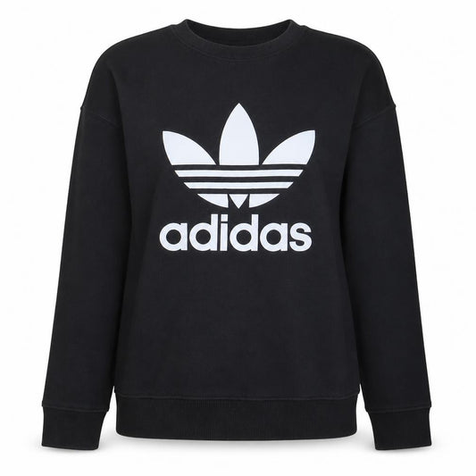 Front view of Adidas women’s black crew neck pullover sweatshirt, size XL