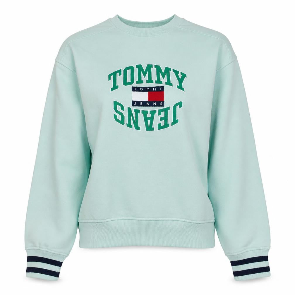 Front view of Tommy Jeans women’s mint green small pullover sweatshirt crew neck cotton