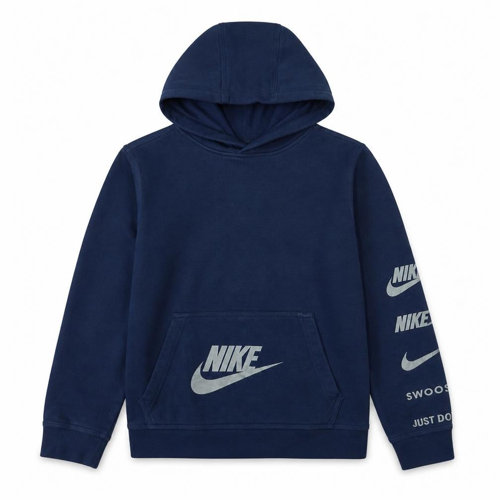 Front view of Nike boys’ blue pullover hoodie xl regular fit fleece sweatshirt