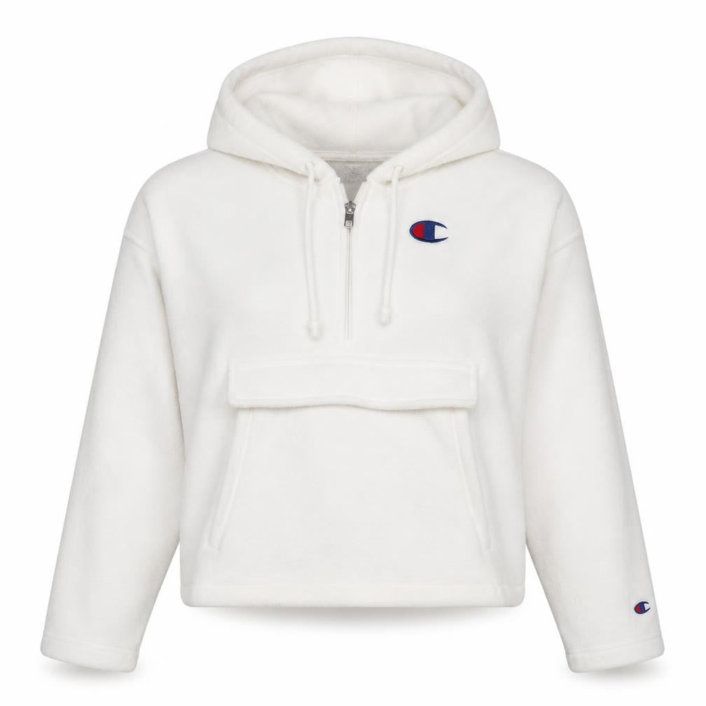 Front view of Champion Women's White Medium 1/2 Zip Hooded Fleece Sweatshirt