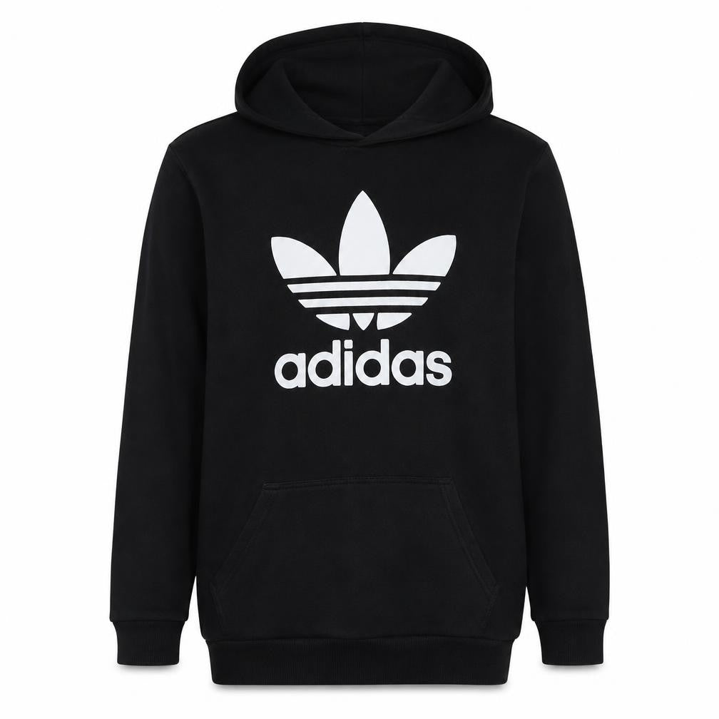 Front view of Adidas Men's Black XL Pullover Hoodie with Trefoil Logo