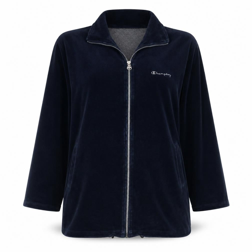Front view of Champion women’s blue xl velour full zip activewear jacket
