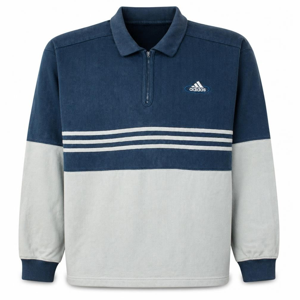 Front view of Adidas Men’s Blue Striped 1/4 Zip Collared Sweatshirt, size L