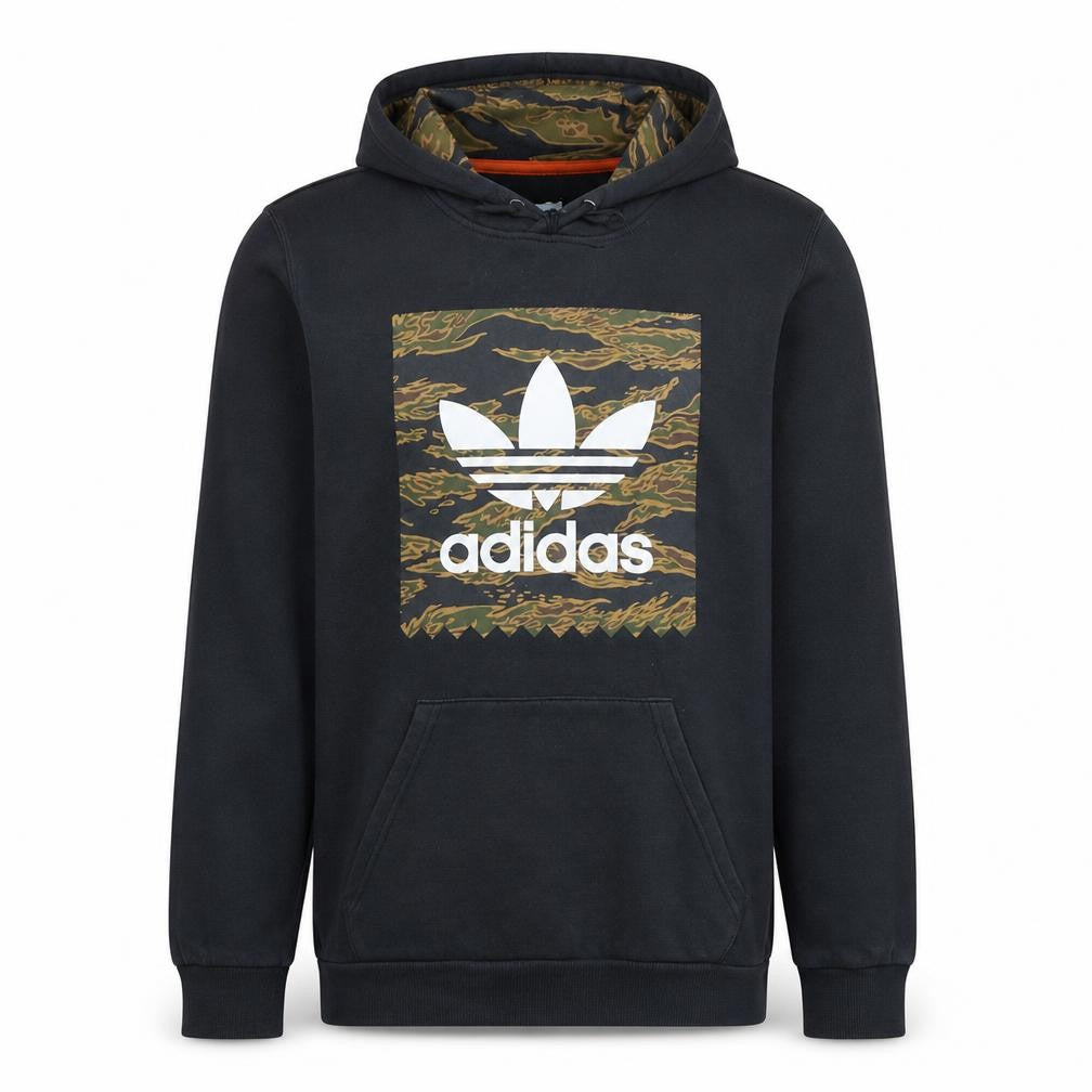 Front view of adidas Men’s Black Pullover Hoodie Small Camouflage Logo Fleece