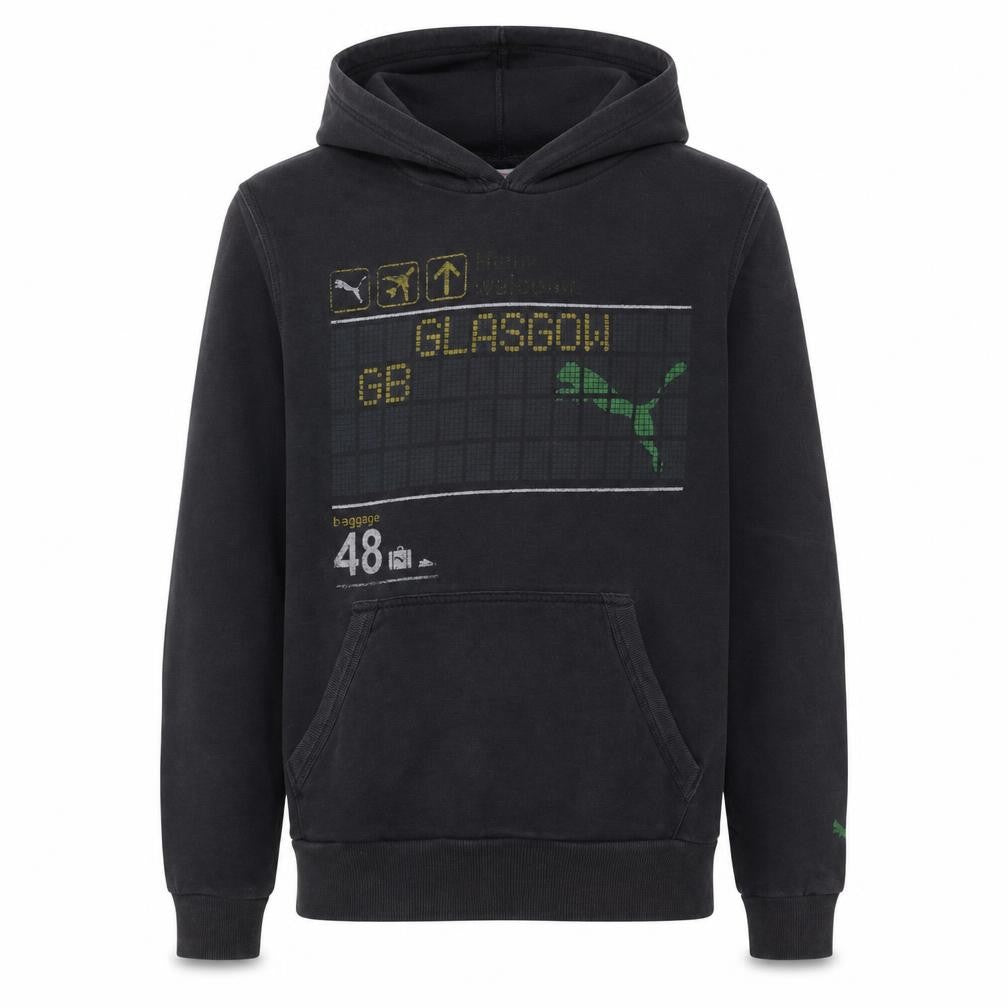 Front view of Puma men’s black glasgow graphic hoodie, size S, pullover sweatshirt