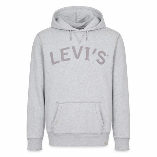 Front view of Levi's Men's Grey Hooded Pullover Sweatshirt, size L, Logo Print