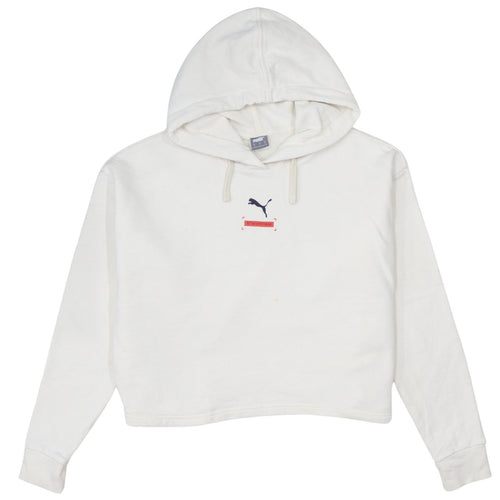 Puma Women White Small Pullover Hoodie Cotton Logo Relaxed Fit