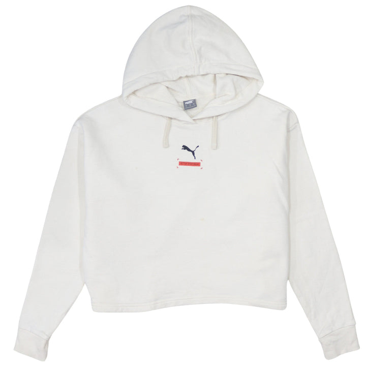 Puma Women White Small Pullover Hoodie Cotton Logo Relaxed Fit