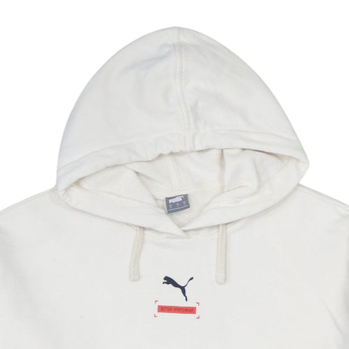 Puma Women White Small Pullover Hoodie Cotton Logo Relaxed Fit