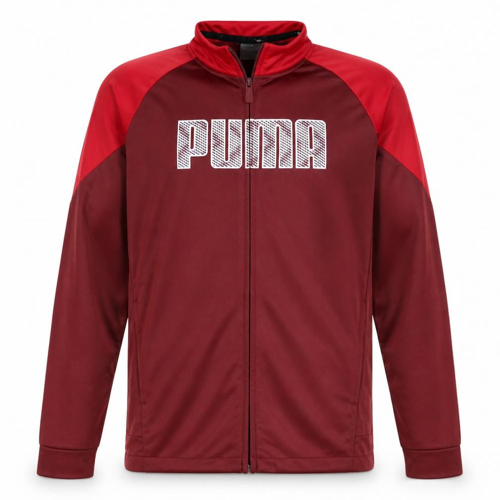 Front view of Puma boys’ red track jacket 12-14 years regular fit zip up activewear top