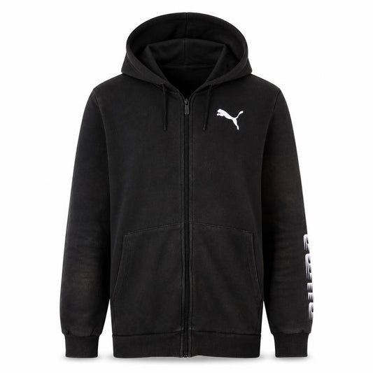 Front view of Puma Men's Black Full Zip Hoodie, size S, Sportswear Fleece