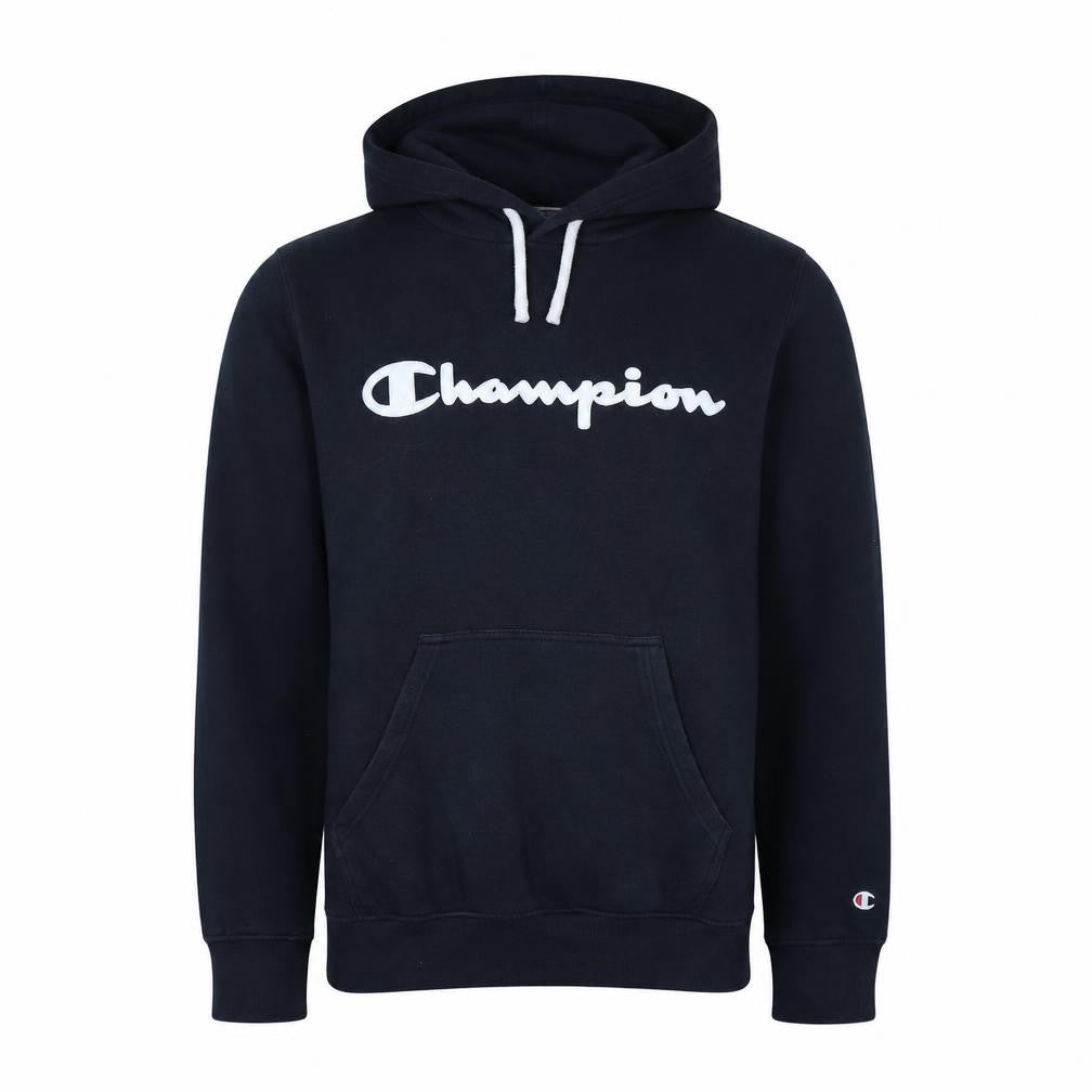 Front view of Champion Men's Blue Pullover Hoodie Medium Logo Fleece Sweatshirt