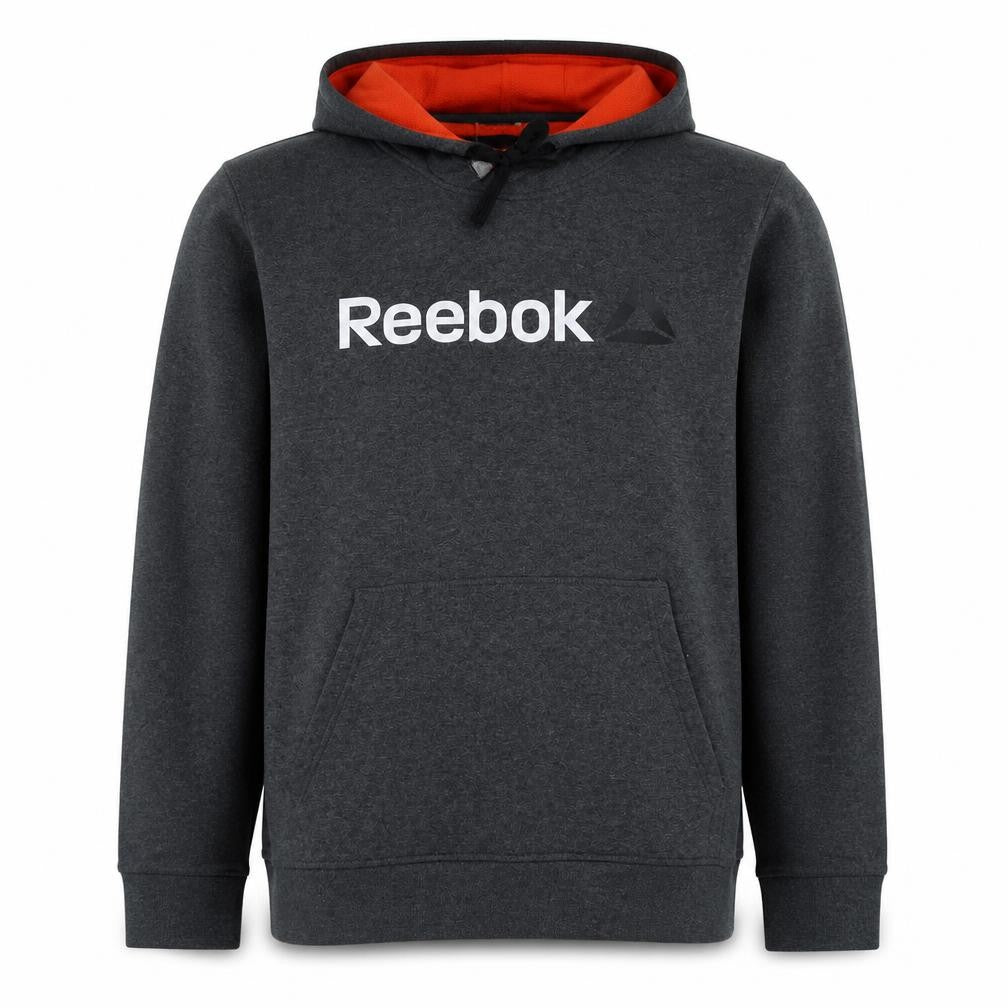 Front view of Reebok Men's Grey Hoodie L Pullover Logo Cotton Blend Warm Sweatshirt