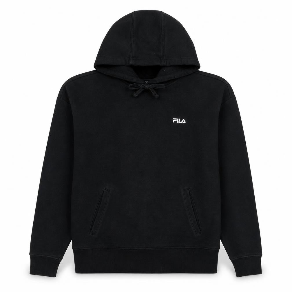 Front view of Fila Women Black Pullover Hoodie Medium Cotton Blend Casual