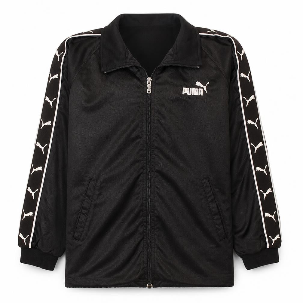 Front view of Puma boys’ black track jacket full zip logo sportswear, size 150