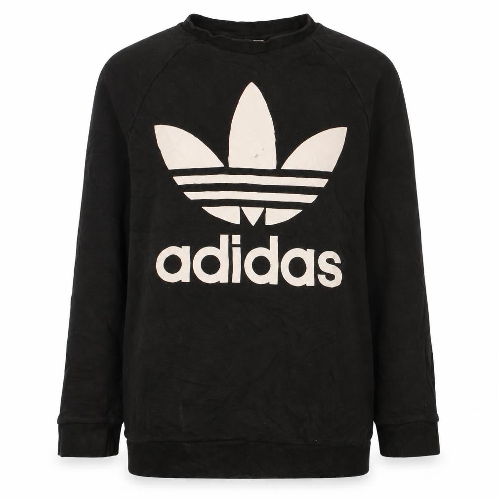 Front view of Adidas women’s black crew neck pullover sweatshirt, size UK 14