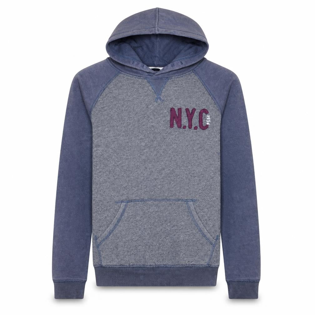 Front view of H&M boys’ blue pullover hoodie nyc logo 16 years cotton blend