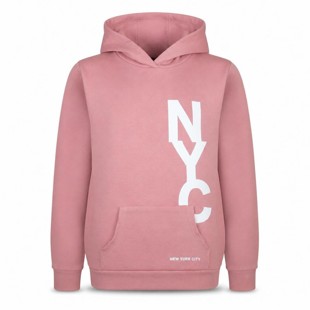 Front view of Primark girls’ pink nyc pullover hoodie 12-13 years regular fit