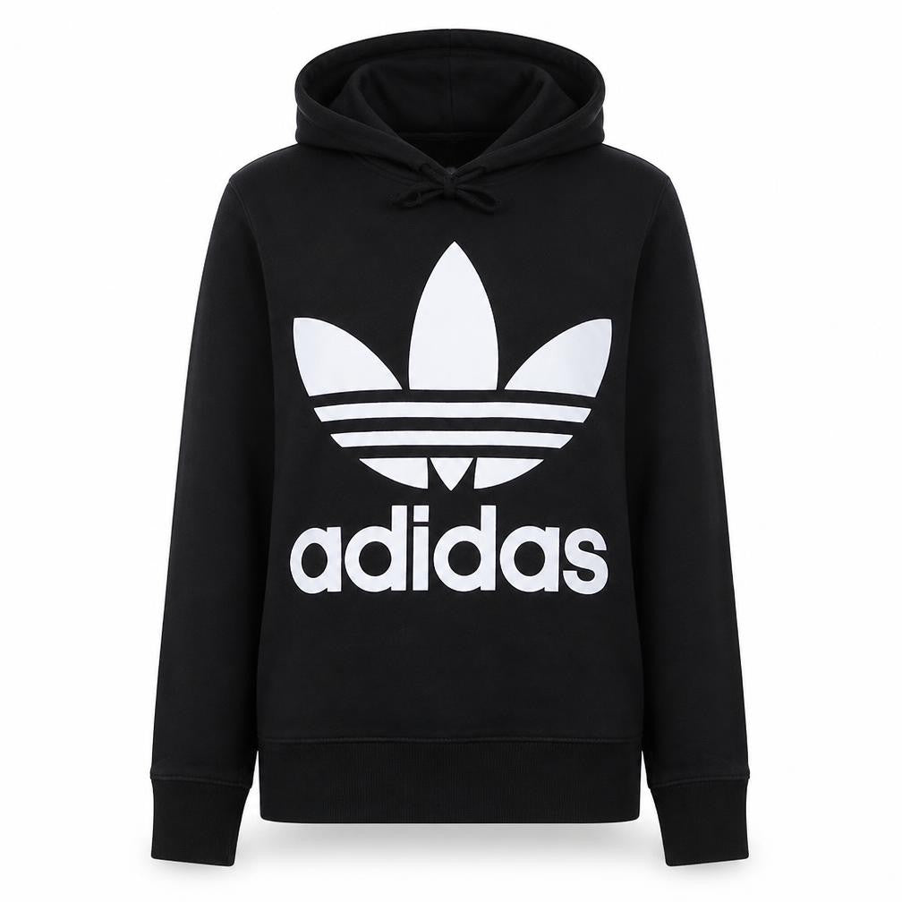 Front view of Adidas Women Black, size 12, Pullover Hoodie with Logo Print