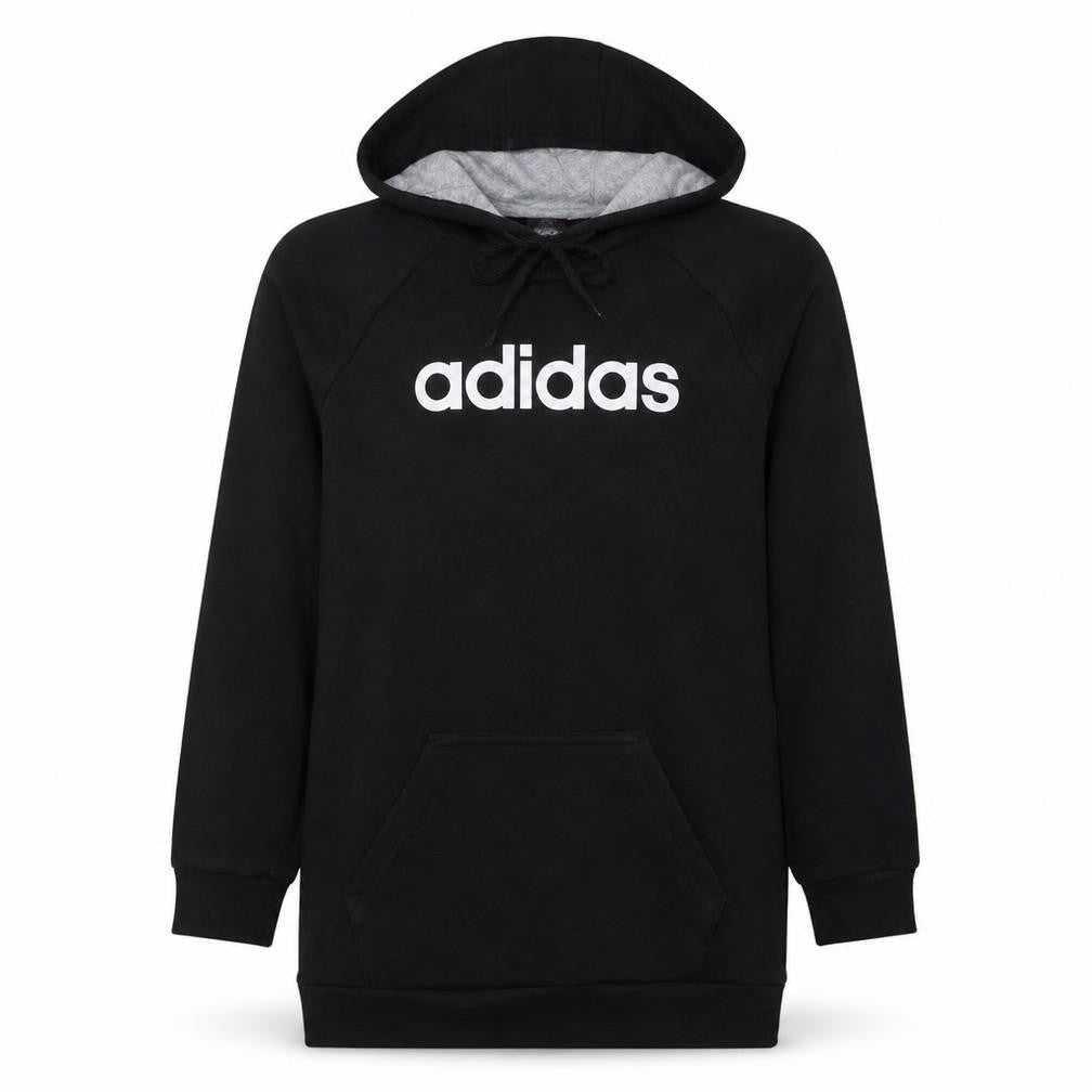 Front view of Adidas women’s black pullover hoodie, size UK 12-14, logo print cotton blend
