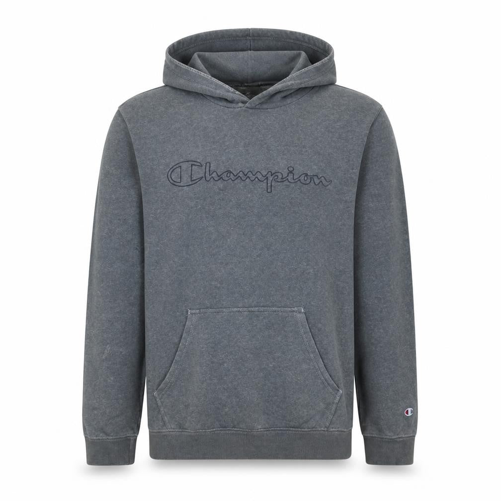 Front view of Champion Men's Grey Medium Pullover Hoodie with Logo Design