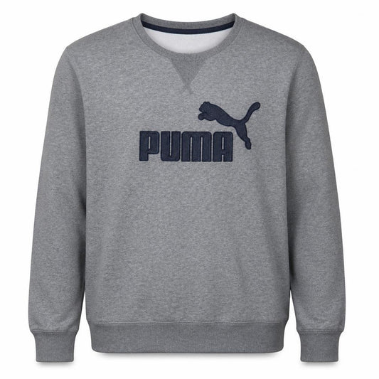 Front view of Puma men’s grey l crew neck pullover sweatshirt embroidered logo