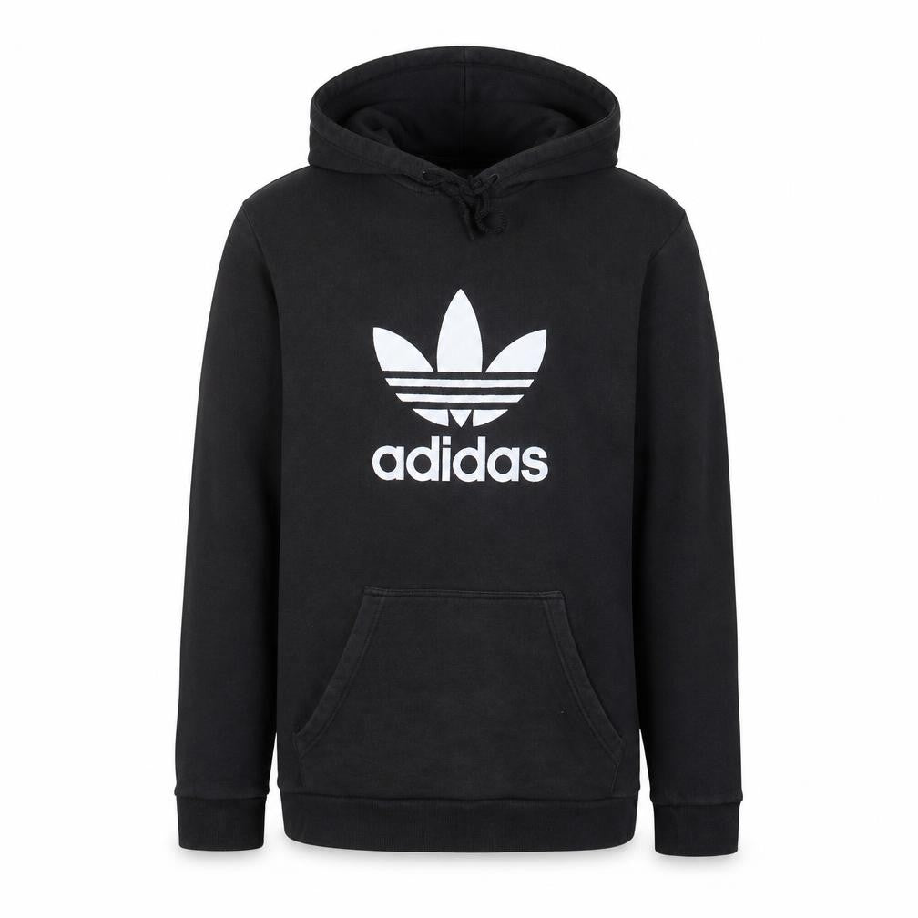 Front view of Adidas men’s black pullover hoodie medium logo fleece sweatshirt
