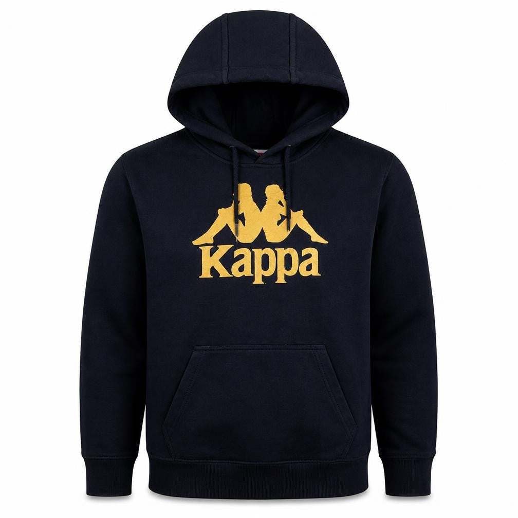 Front view of Kappa boys’ black pullover hoodie medium logo fleece sweatshirt