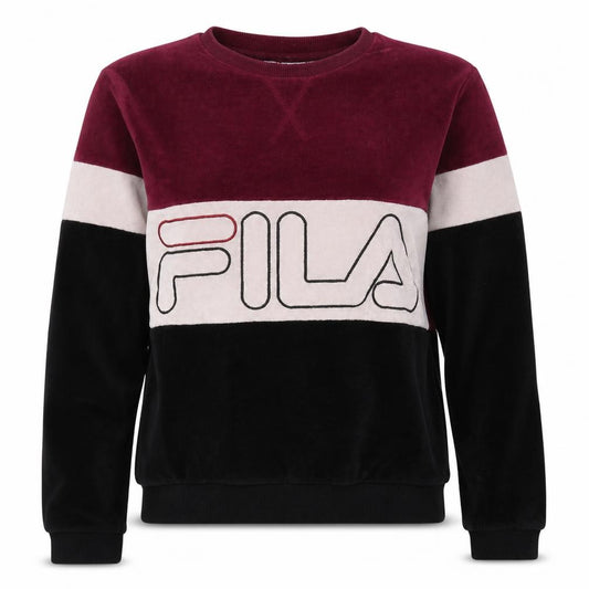 Front view of Fila women’s burgundy colourblock velour sweatshirt, size UK 6, xxs
