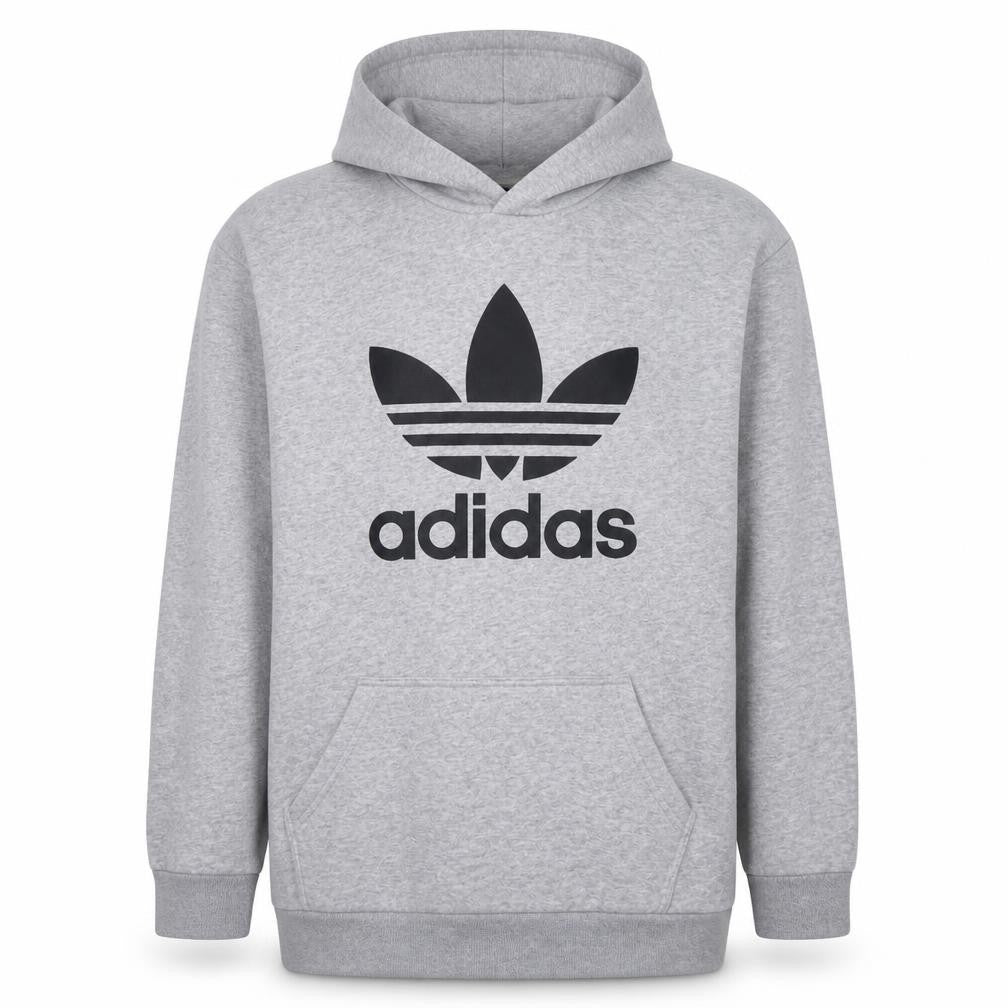 Front view of Adidas men’s grey xl pullover hoodie with logo graphic print