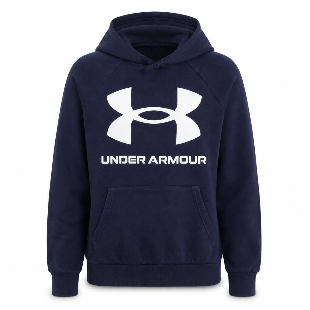 Front view of Under Armour women’s navy loose fit hoodie, size S, pullover sweatshirt