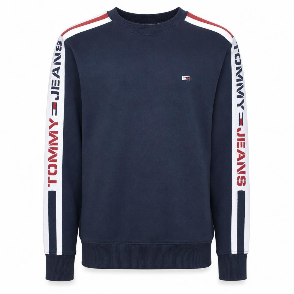 Front view of Tommy Jeans Men’s Blue Logo Sweatshirt, size S, Crew Neck