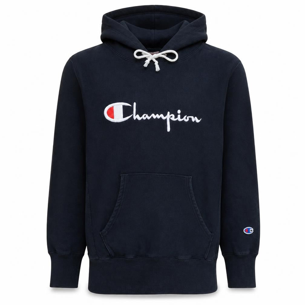 Front view of Champion Men's Black Pullover Hoodie, size L, Reverse Weave Fleece
