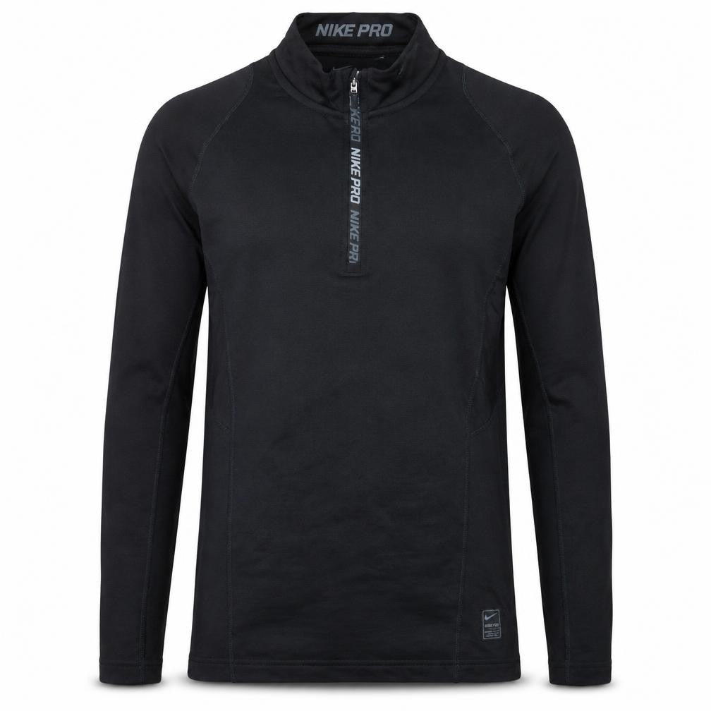 Front view of Nike Pro Men’s Black Mock Neck 1/2 Zip Sweatshirt, size S, Athletic Fit