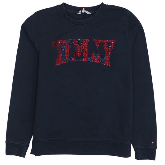 Tommy Hilfiger Womens Navy XS Sequin Logo Pullover Sweatshirt