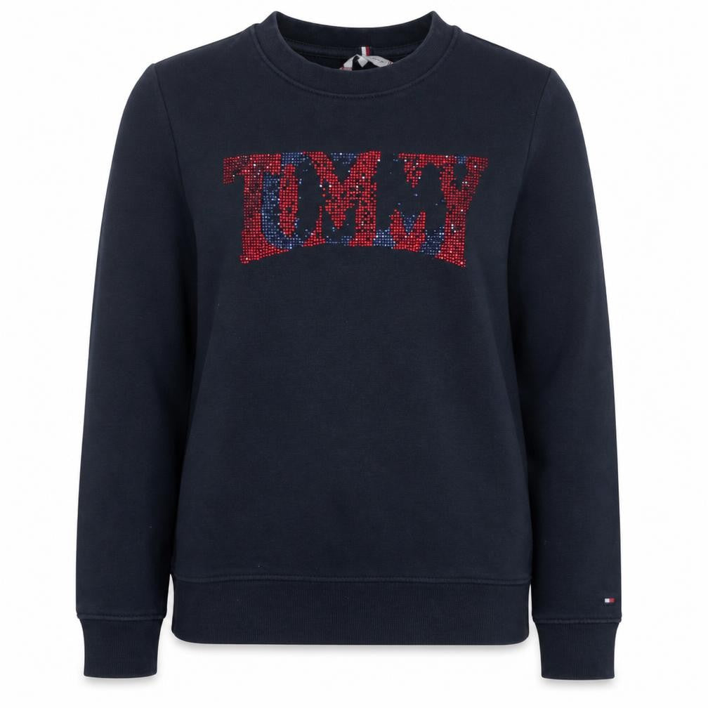 Front view of Tommy Hilfiger women’s navy xs sequin logo pullover sweatshirt