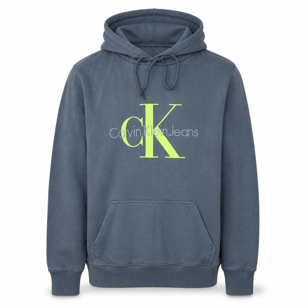 Front view of Calvin Klein Jeans Men's Grey Pullover Hoodie, size S, Logo Fleece