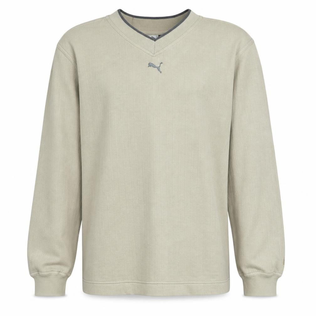 Front view of Puma men’s beige v-neck pullover sweatshirt xs lightweight cotton
