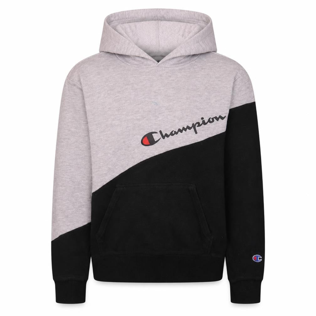 Front view of Champion boys’ grey & black pullover hoodie l colourblock fleece sweatshirt