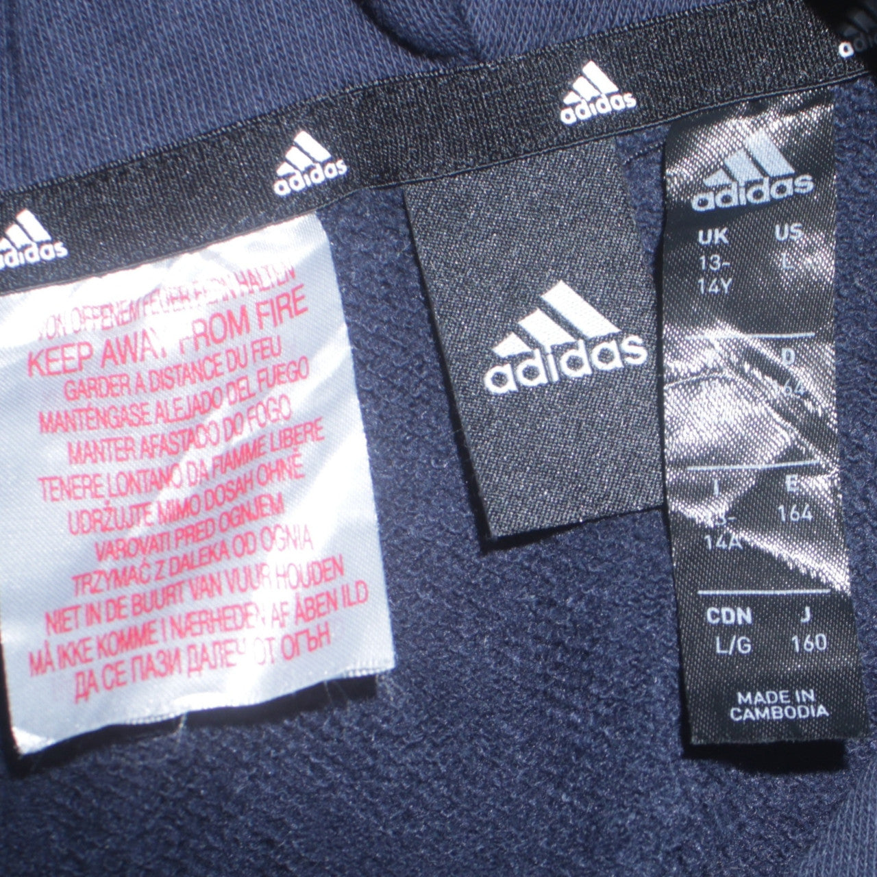 Adidas Boys Navy Blue Pullover Hoodie Size 13-14 Years Cotton Blend Logo