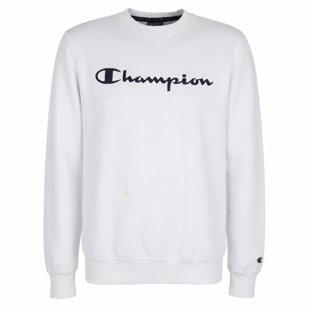 Front view of Champion Men's White Medium Crew Neck Logo Sweatshirt