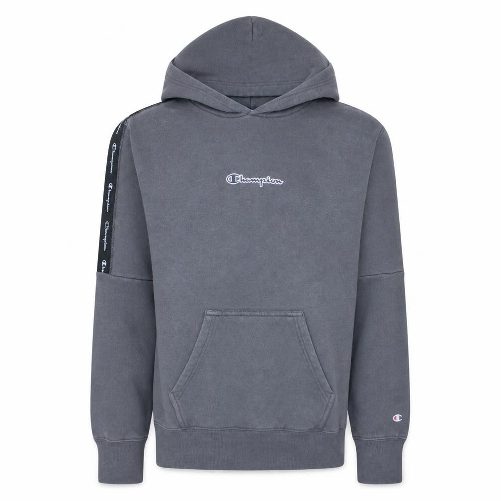 Front view of Champion Men's Grey Small Pullover Hoodie with Logo Trim