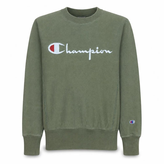 Front view of Champion Men's Green Small Reverse Weave Pullover Sweatshirt